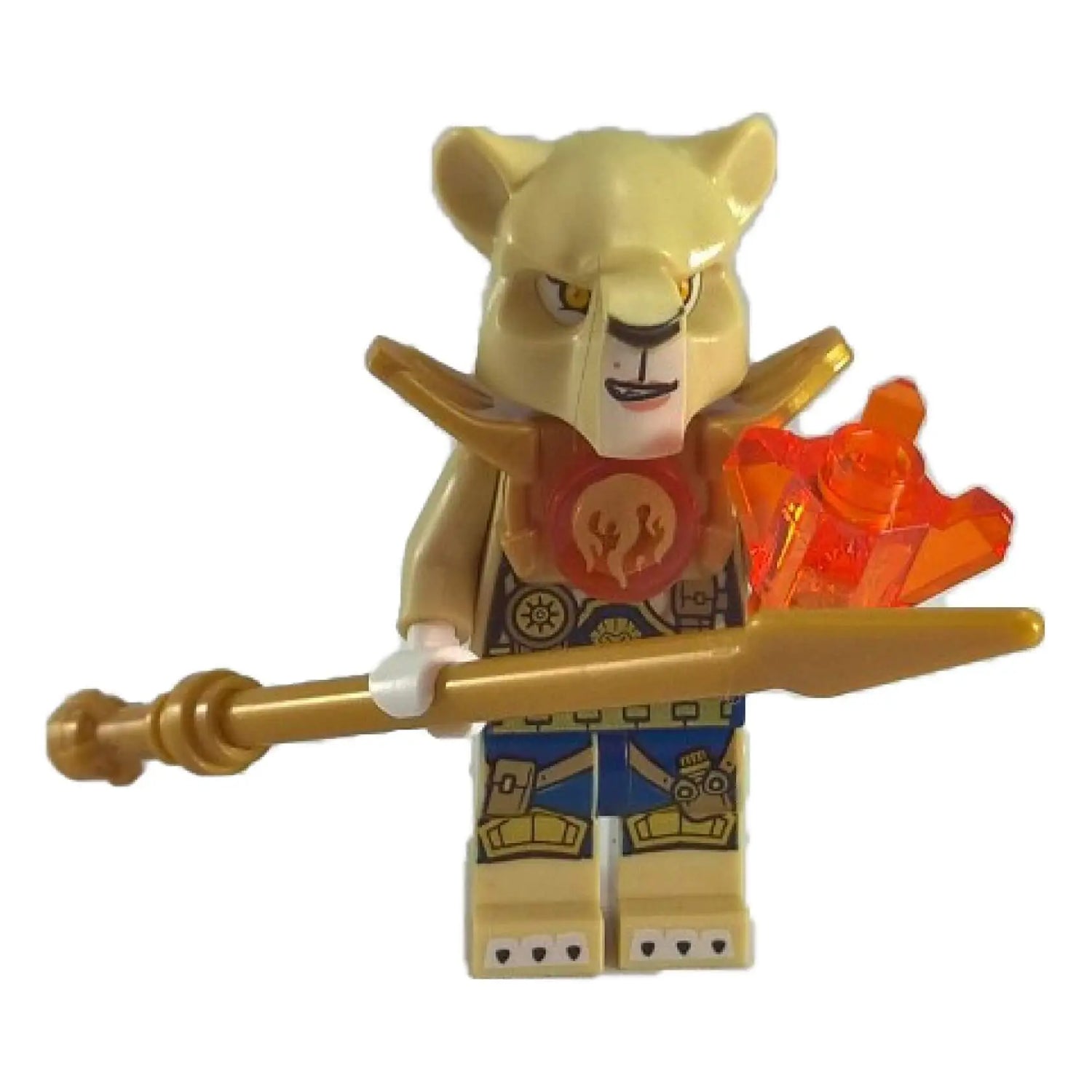 LEGO® Lion Tribe warrior minifigure from Legends of Chima, featuring golden armor, lion helmet, and flame crystal staff.