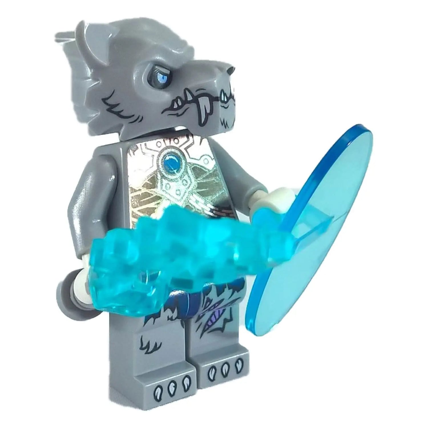 LEGO® Saber-Tooth Tribe minifigure with gray fur, saber fangs, and transparent blue ice weapons from Legends of Chima.