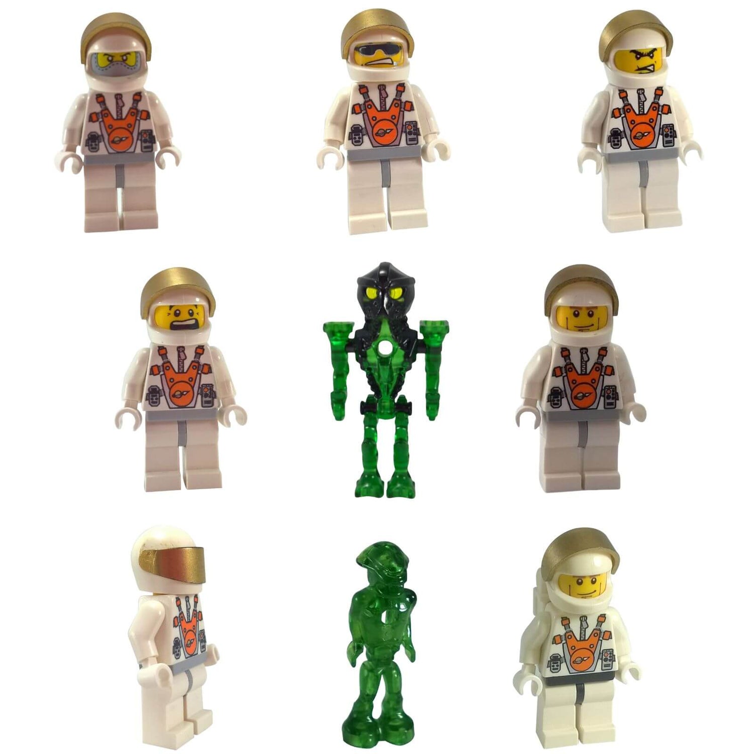 LEGO® Mars Mission collection image featuring astronaut minifigures, alien robot, and translucent green alien figures