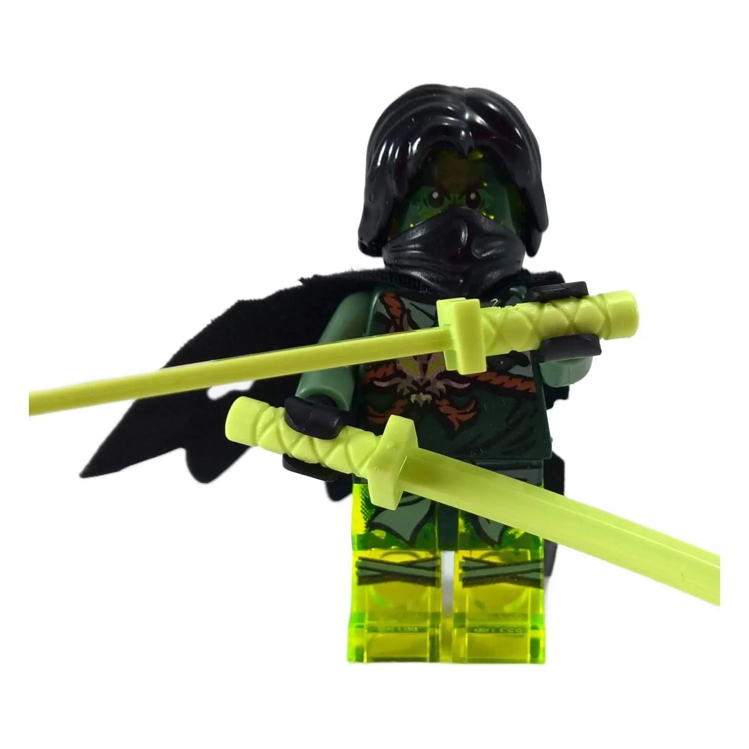 LEGO NINJAGO Morro Ghost Minifigure with translucent green legs, black mask, and dual neon green katanas.