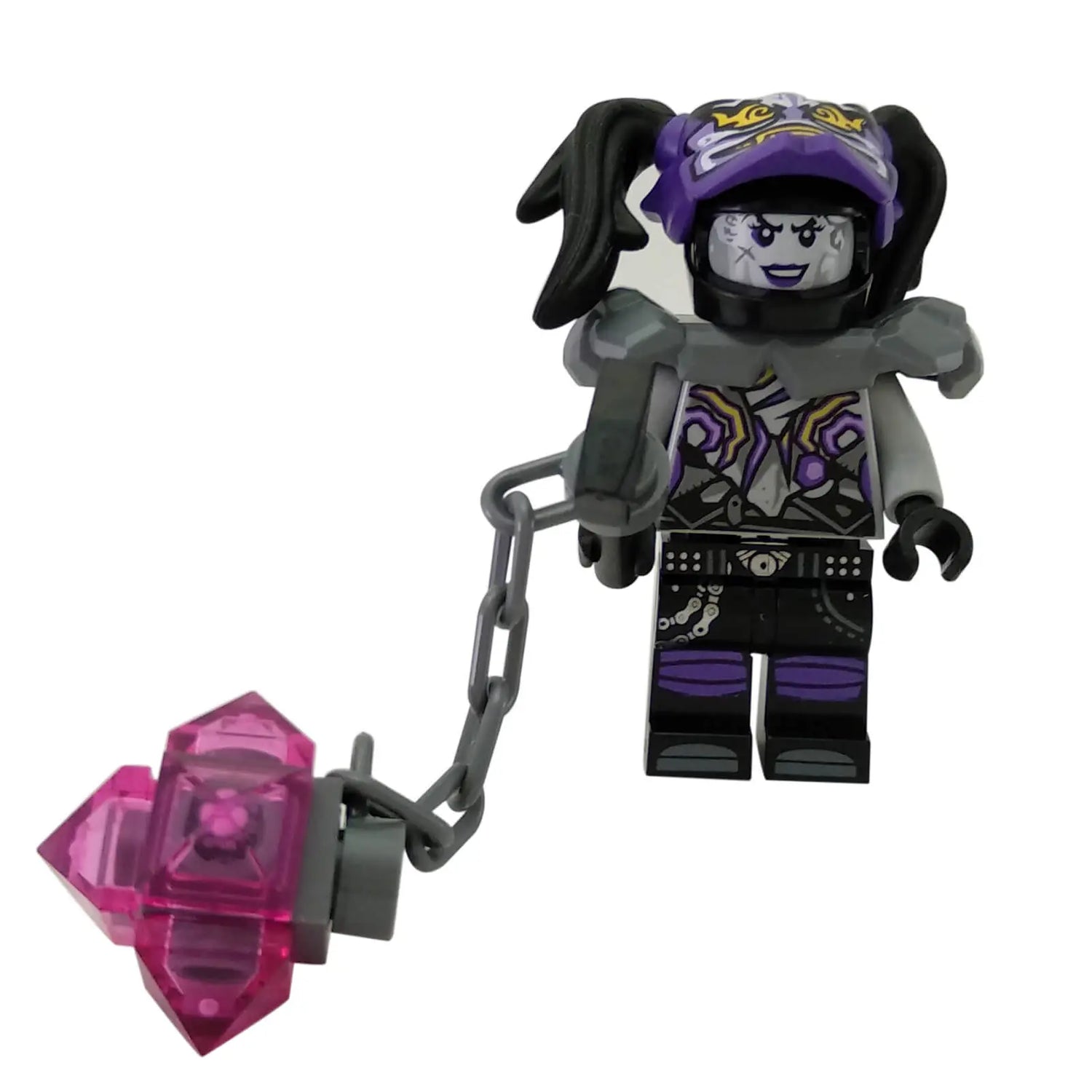 LEGO® Ninjago minifigure of Ultra Violet wearing the Oni Mask of Hatred, holding a pink crystal mace weapon
