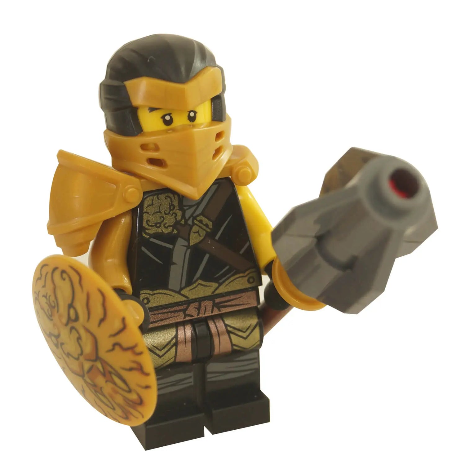 LEGO® Ninjago Cole minifigure in black and gold armor with golden shield and large grey weapon.