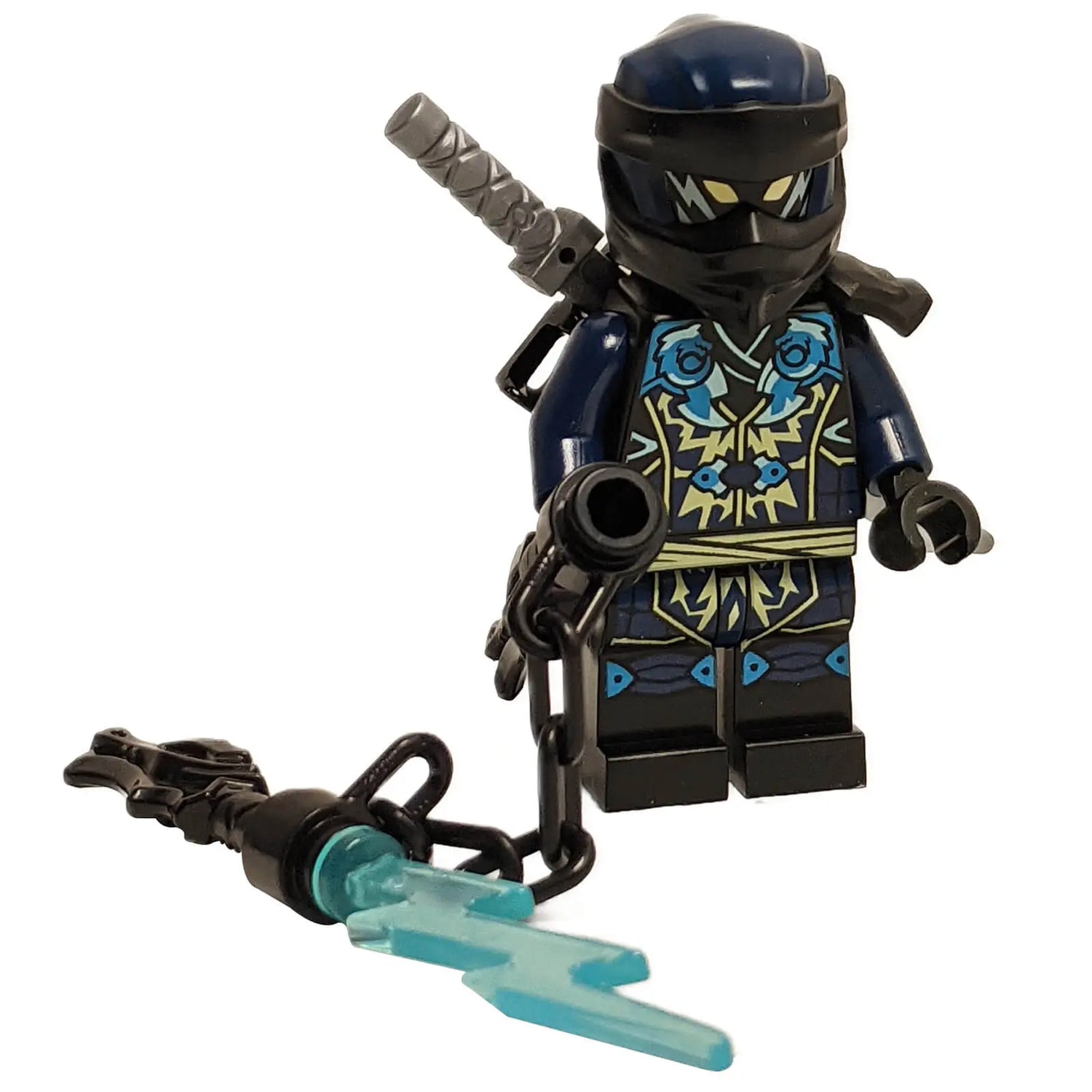 LEGO NINJAGO Dragons Rising Season 2 Wolf Mask Warrior minifigure with dark armor and blue energy chain accessory.