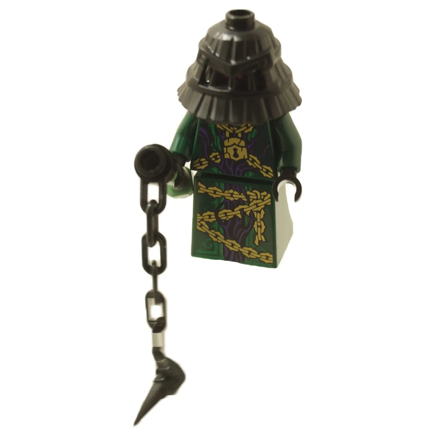 LEGO® NINJAGO® minifigure Zarkt from the Forbidden Five, wearing a dark conical helmet and green robes with gold chain and vine patterns, wielding a chained flail weapon.