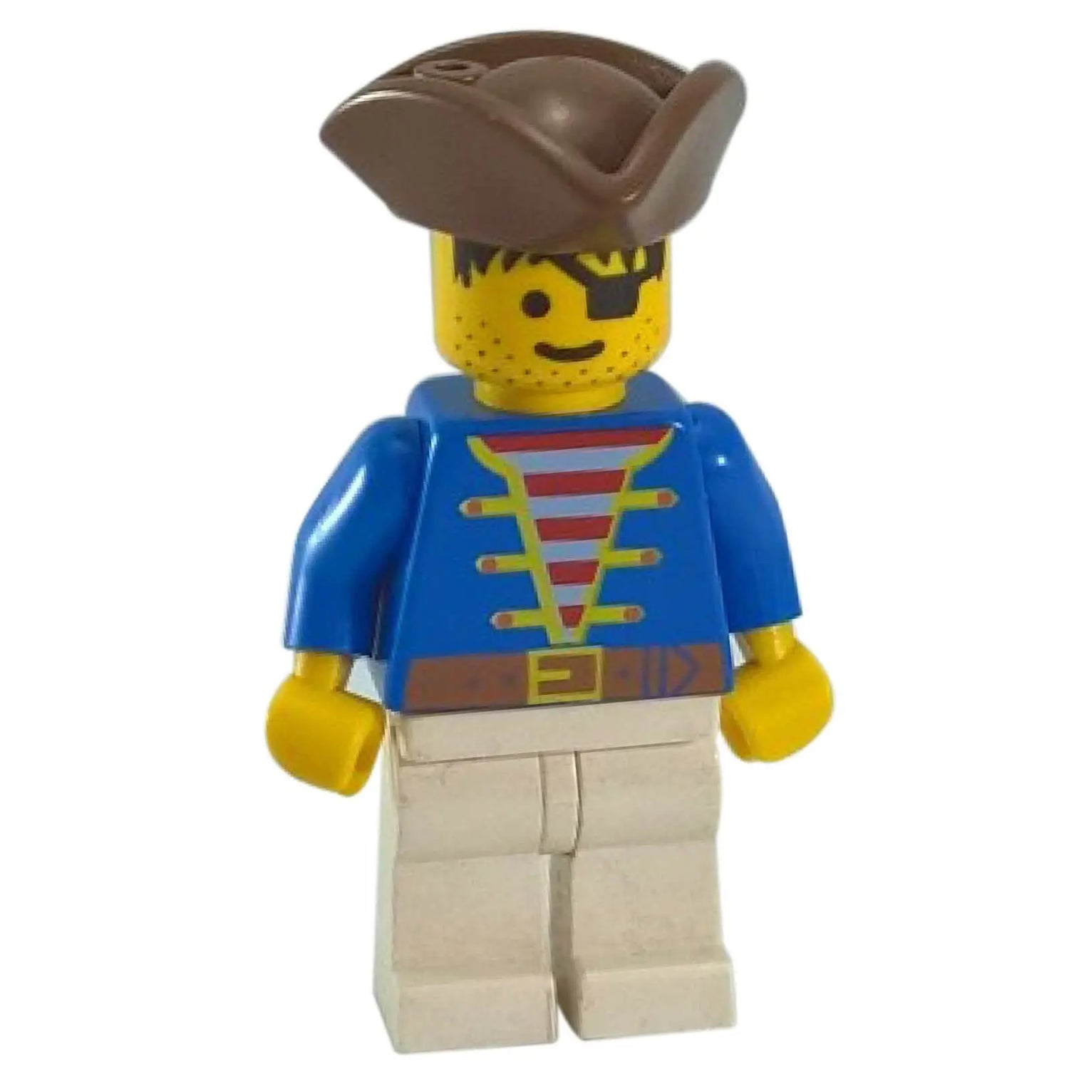 Classic LEGO® pirate minifigure with blue jacket, eye patch, and brown tricorne hat