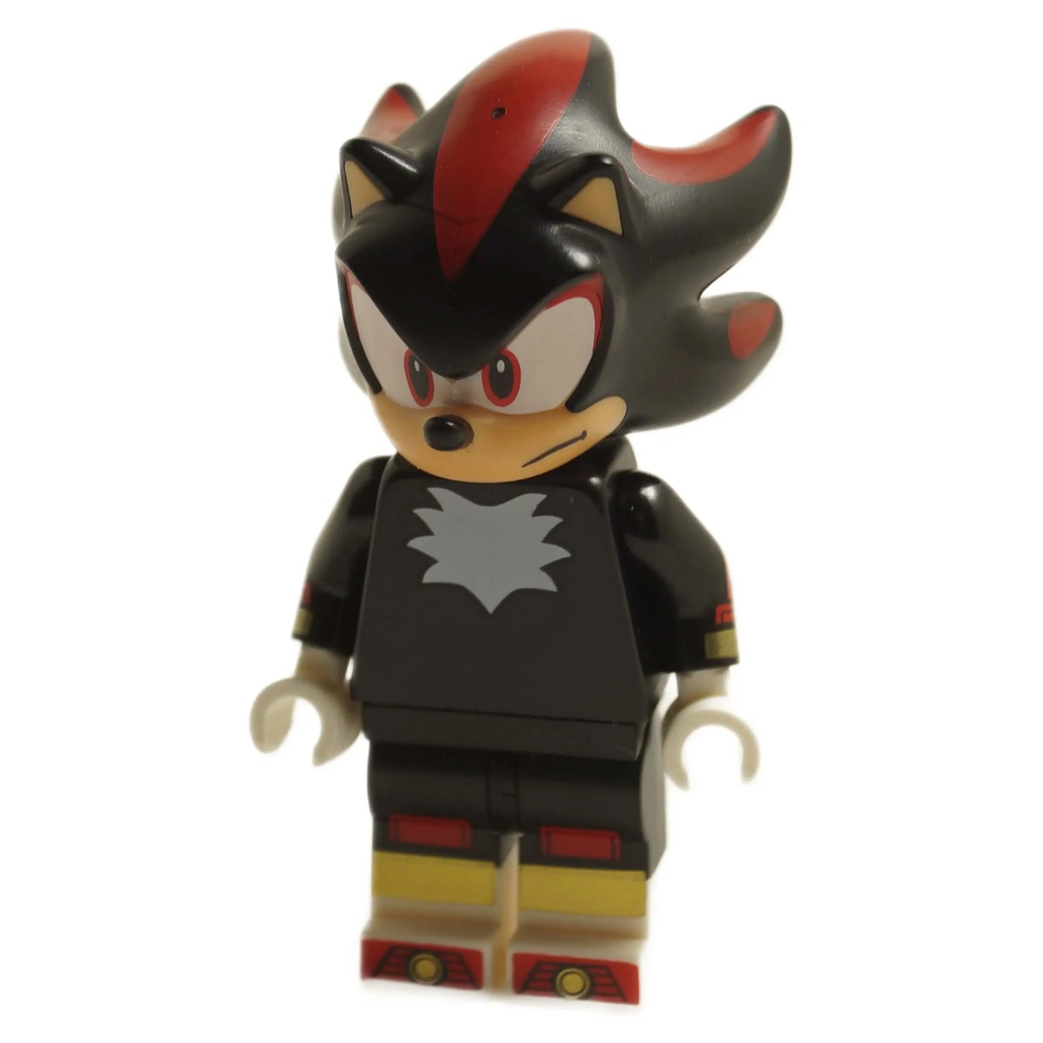 LEGO® Shadow the Hedgehog minifigure with a black and red color scheme, featuring detailed shoes and a chest emblem.