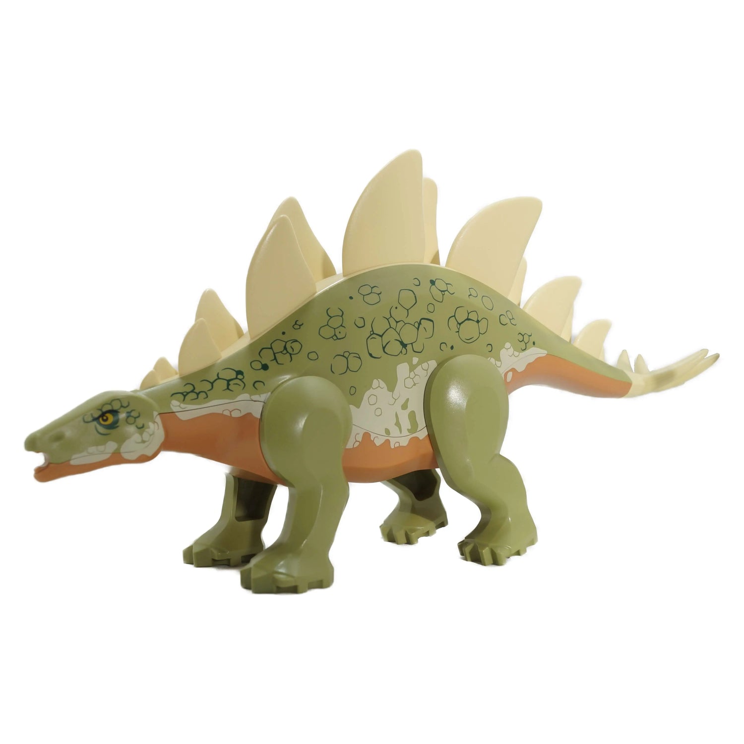 LEGO® Stegosaurus Dinosaur in Olive Green and Medium Nougat with detailed body printing, featuring distinctive back plates and a spiked tail, ready for Jurassic adventures.