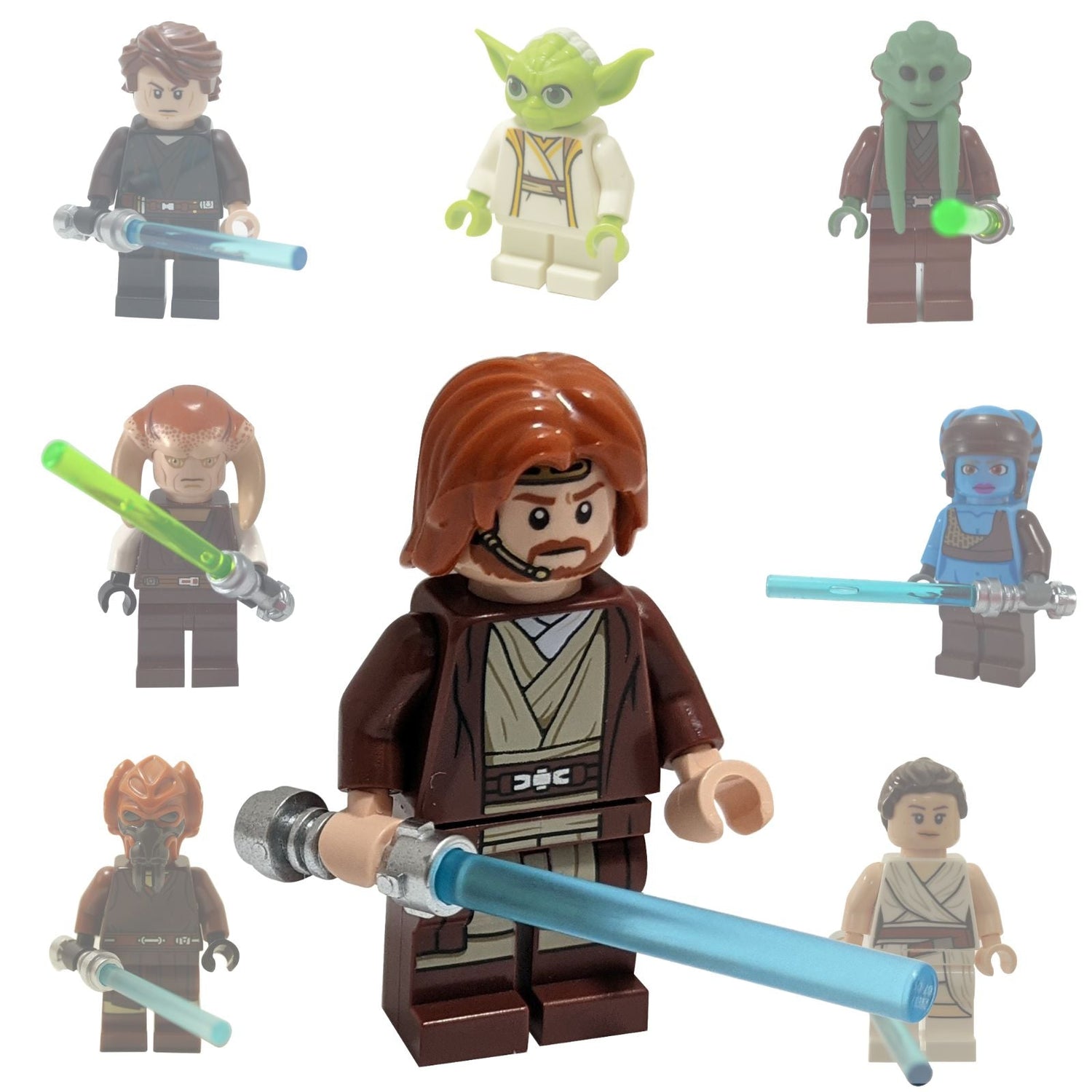 LEGO Jedi minifigures collection featuring Obi-Wan Kenobi, Yoda, Anakin Skywalker and other Star Wars Jedi