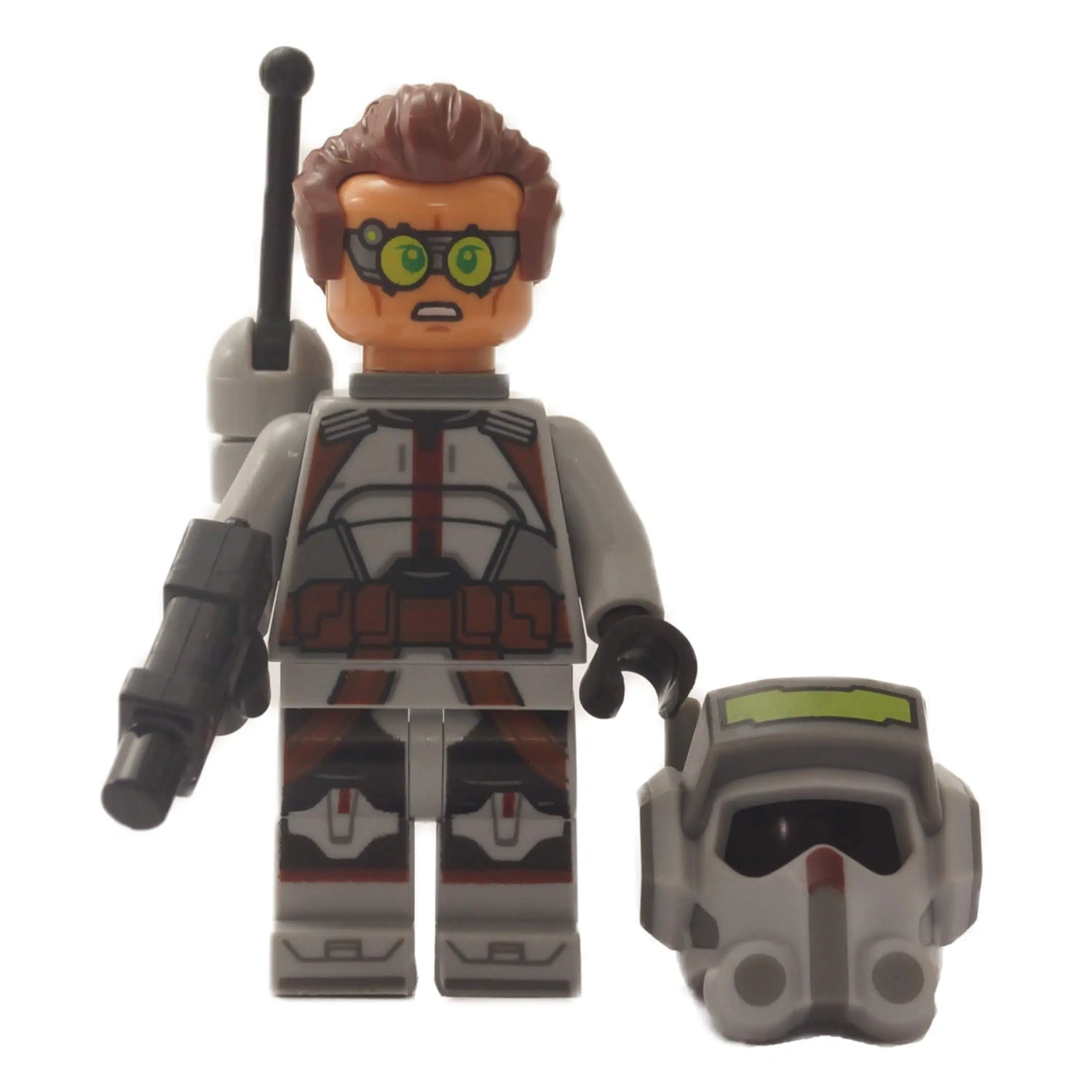 LEGO Tech from The Bad Batch with his helmet, blaster, backpack, and goggles