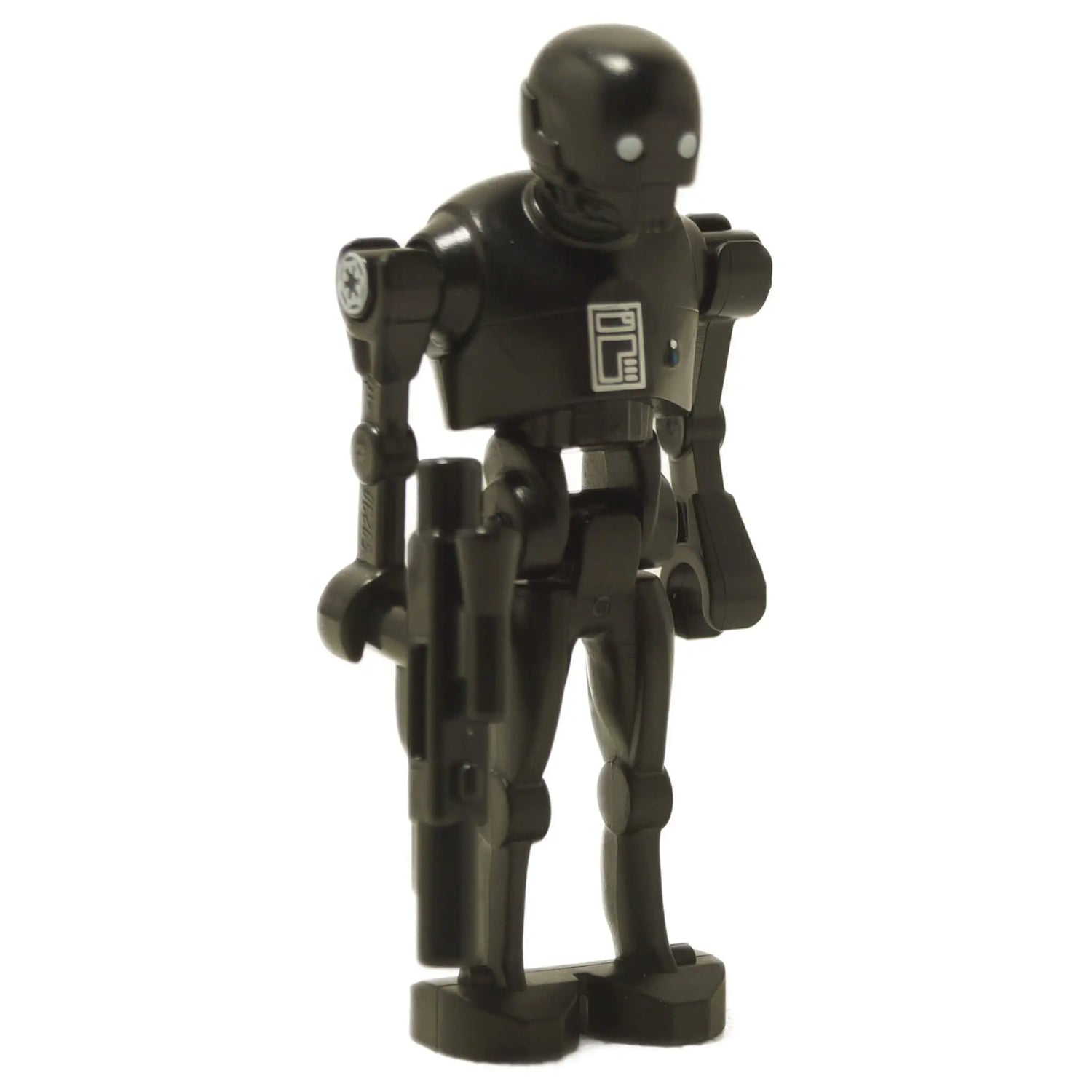 LEGO® K-2SO series enforcer droid minifigure in black with blaster, inspired by Andor and Rogue One