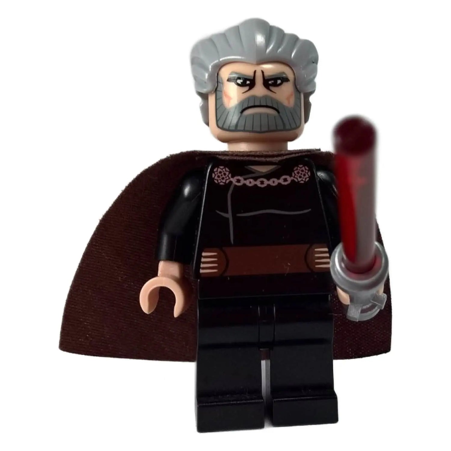 LEGO® Star Wars™ Count Dooku minifigure holding a red curved lightsaber, with a brown cape and stern expression