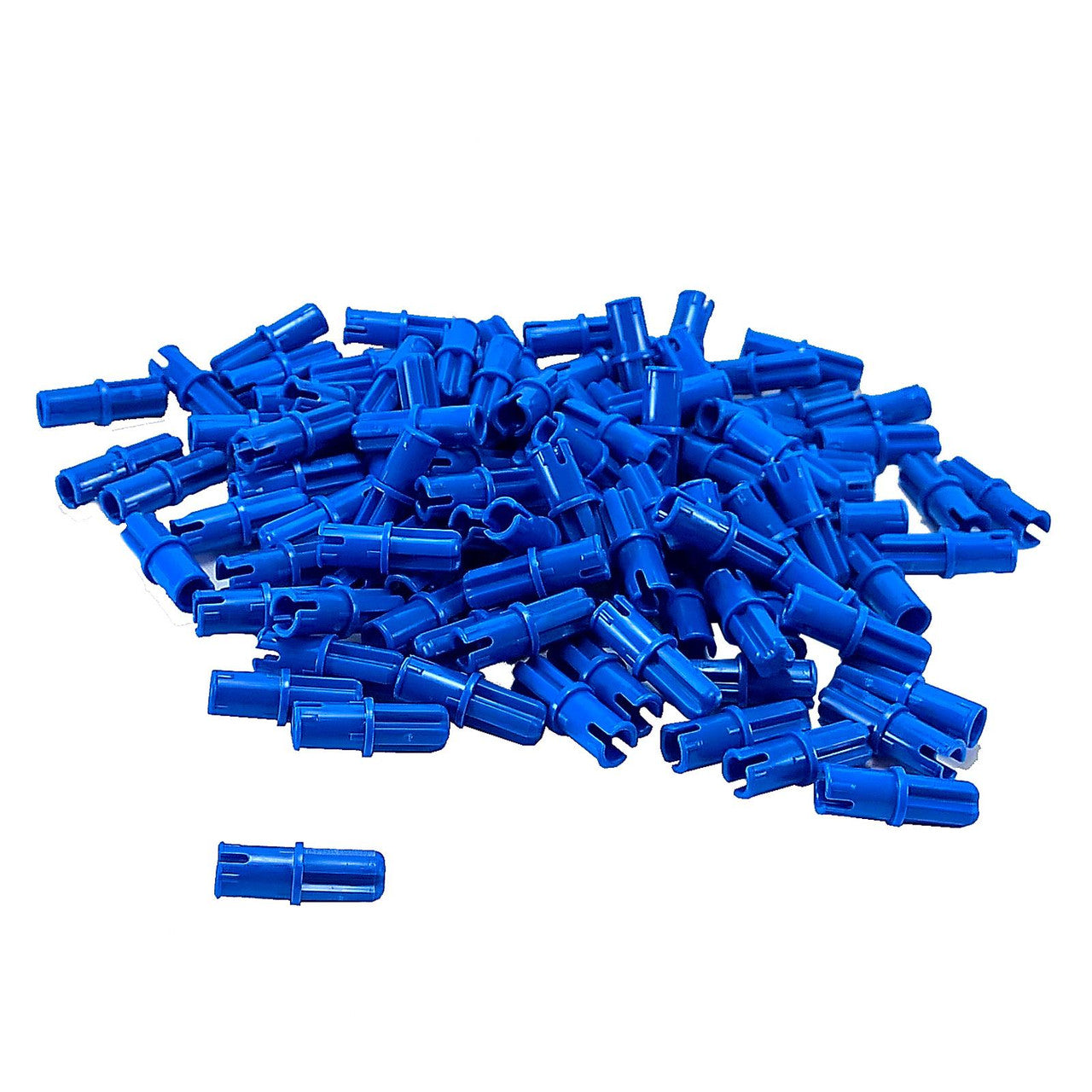 Blue LEGO Technic long friction pins for building structural and mechanical assemblies.