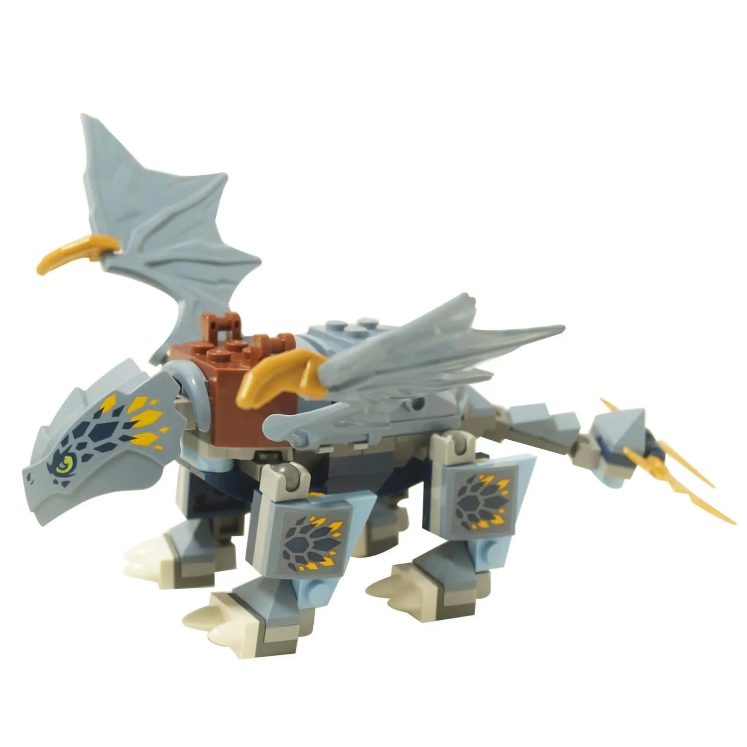 LEGO® Teenage Dragon Riyu with open wings, lime green eyes, and dark blue scales