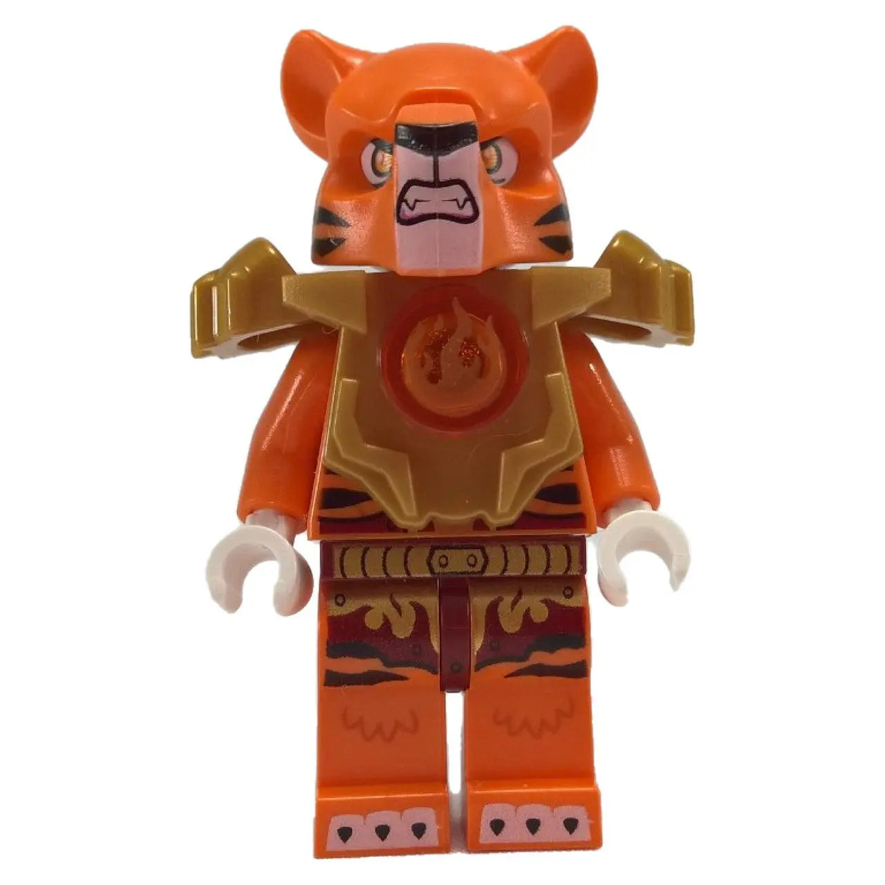 LEGO® Tormak minifigure in orange tiger armor with flame Chi orb and golden shoulder plates
