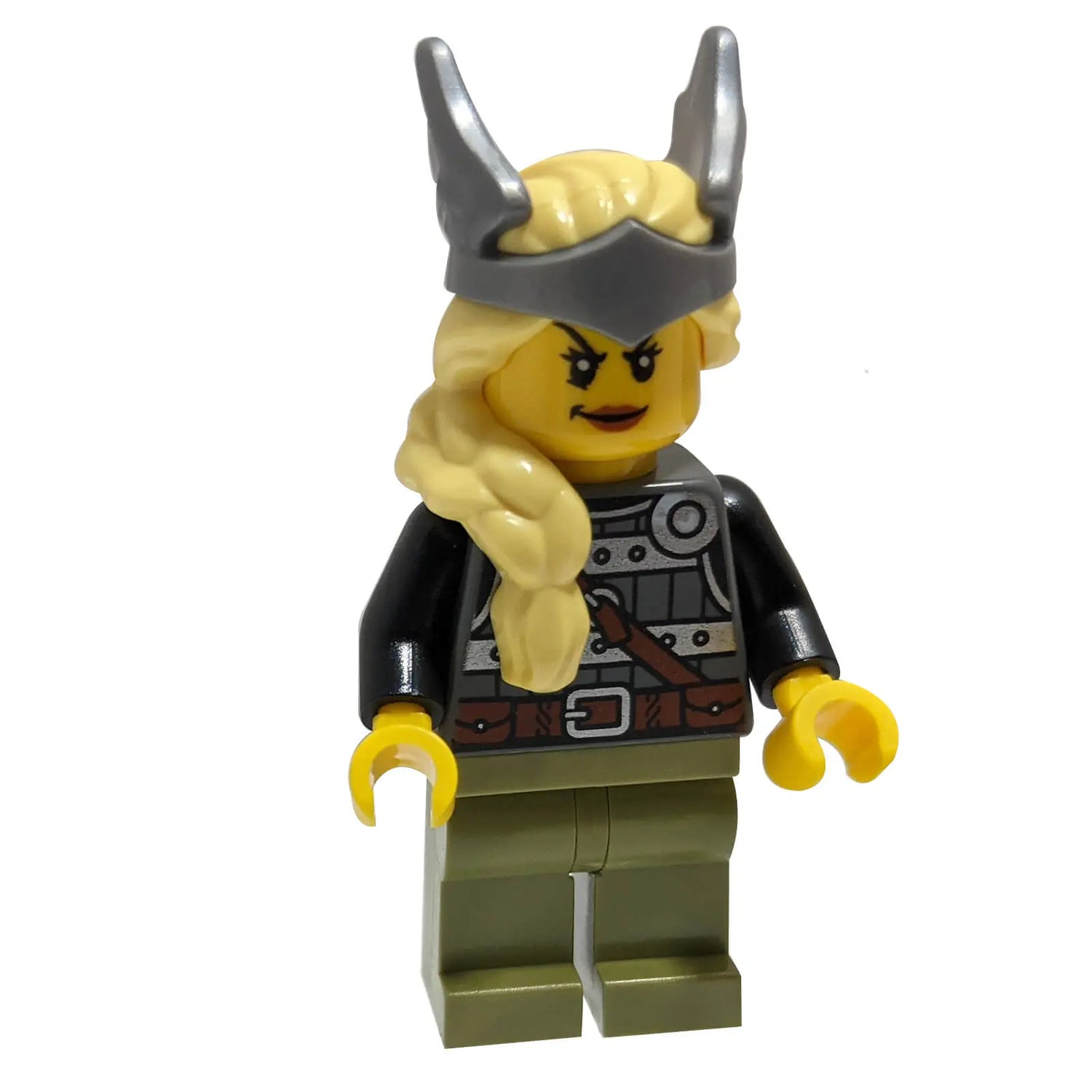 Alt Text: LEGO® Viking female minifigure with horned helmet, long blonde braid, and detailed warrior torso
