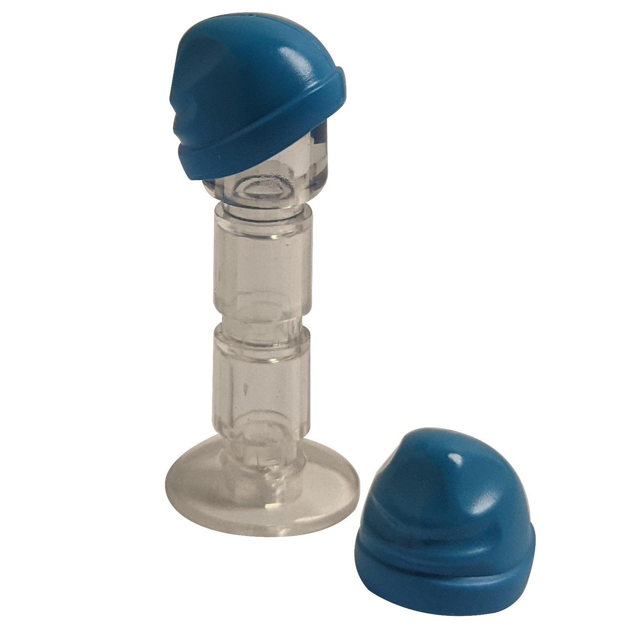 Two blue LEGO ski beanie caps 90541, one on a clear stand.