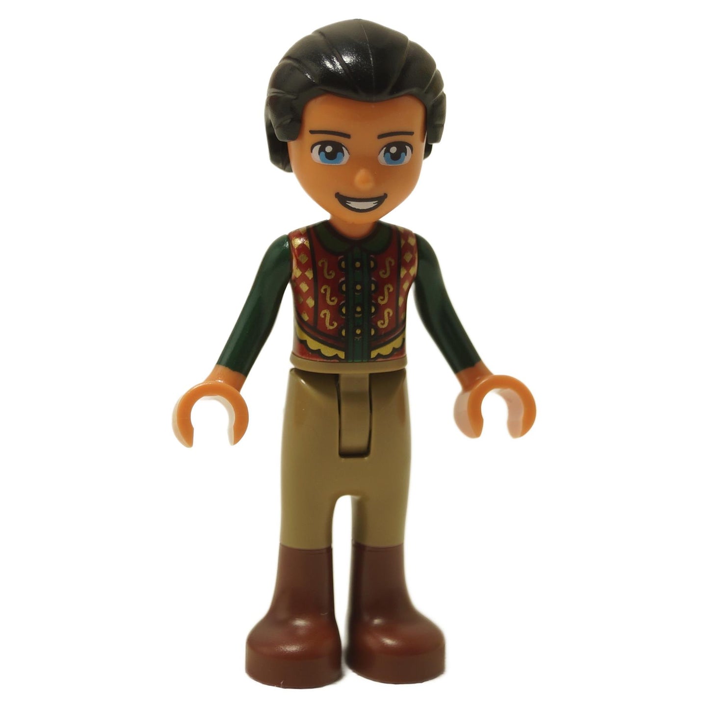 Front view of LEGO Friends Ollie mini-doll (frnd536) with black ponytail, tan skin, and green vest.
