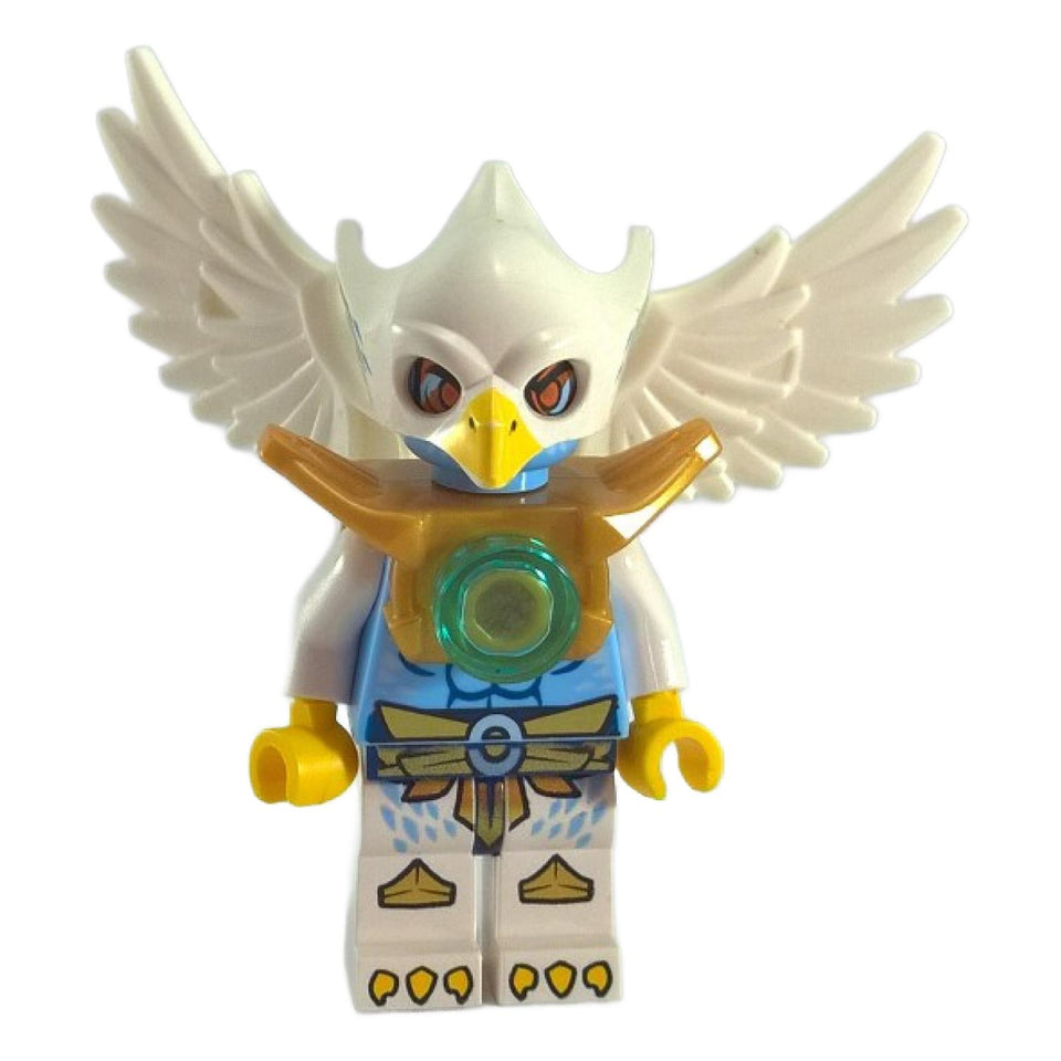 Front view of LEGO Chima Ewar minifigure (loc014) featuring a white eagle head mold, gold armor, and translucent teal CHI core.