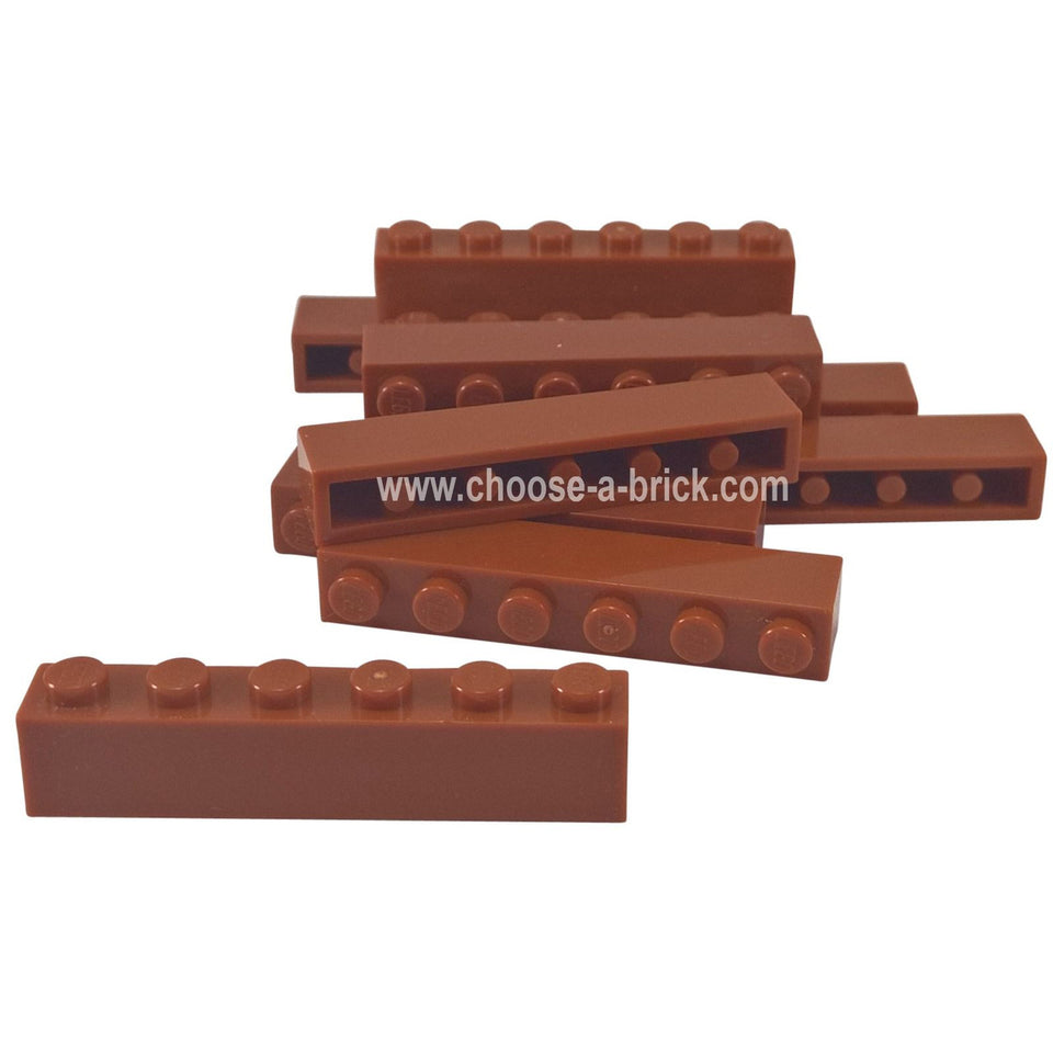 LEGO 1x6 Brick, reddish brown, group of pieces, angled view