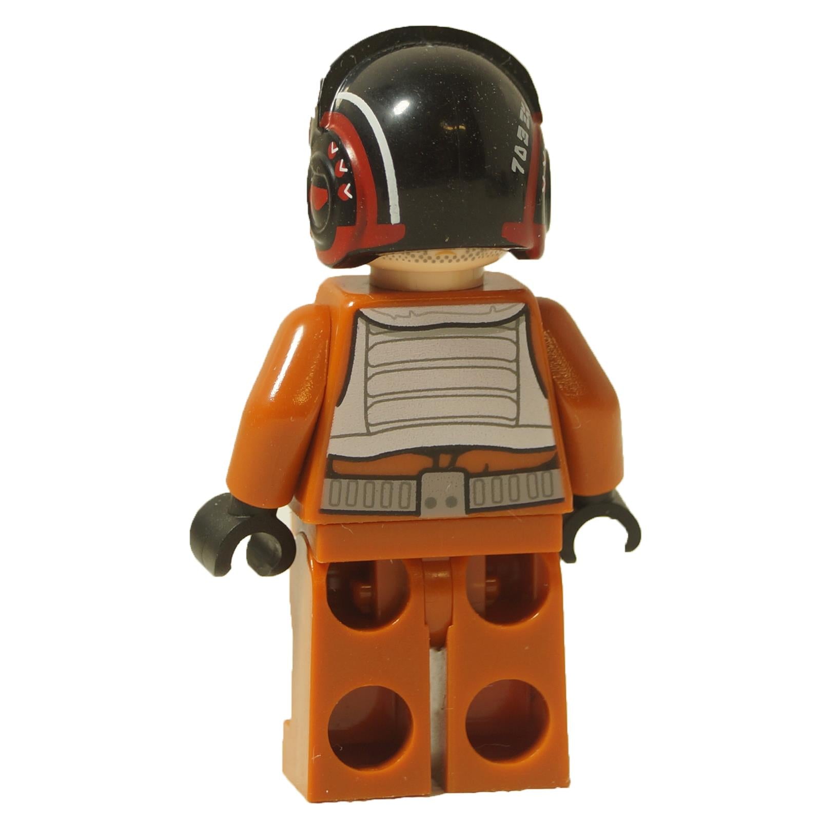 LEGO® Minifigura de piloto de X-wing Poe Dameron de Star Wars (sw0658) mostrando la impresión trasera del chaleco de vuelo y detalles del casco, vista trasera.