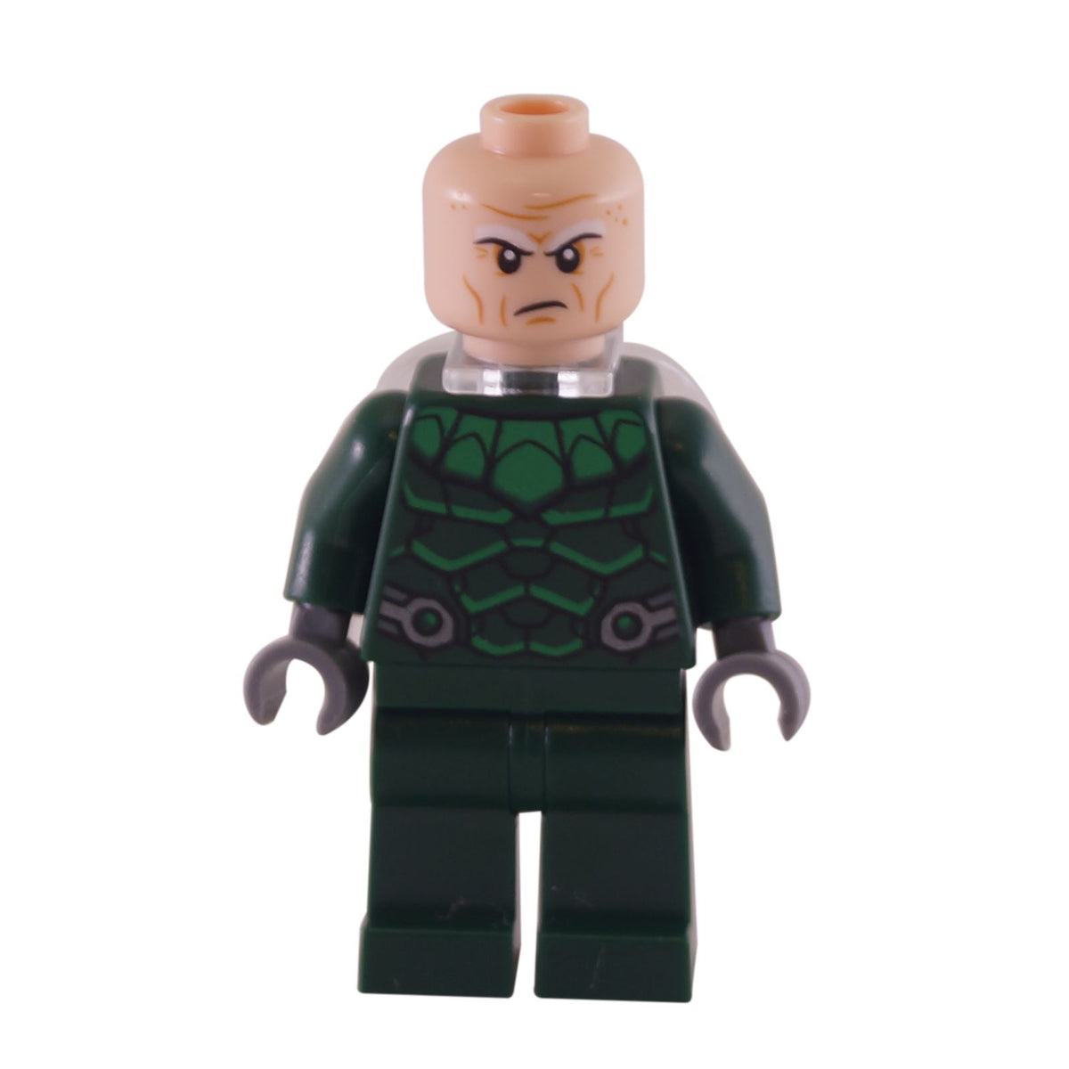 LEGO Vulture sh0538 minifigure in dark green scale suit with neck bracket.