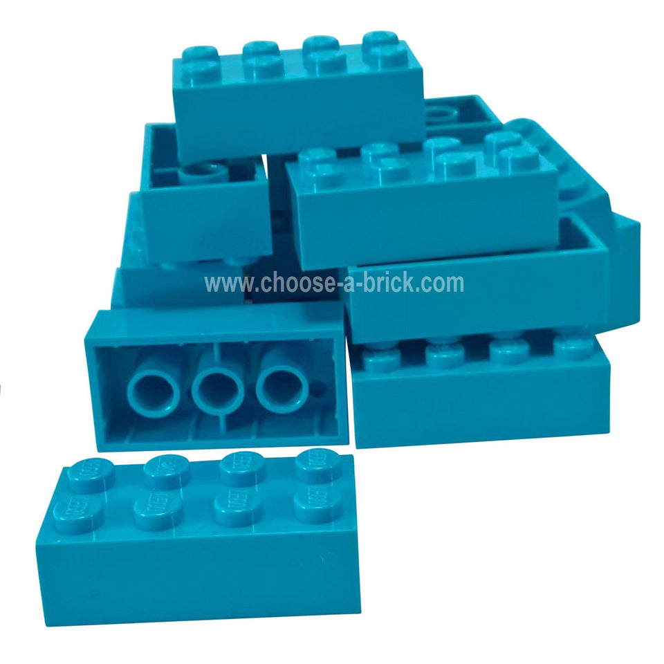 Pile of dark azure LEGO 2 x 4 bricks, top and bottom views.
