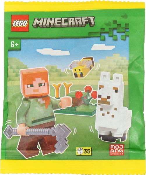 LEGO Minecraft Alex, Baby Llama, Bee, paper bag, front view