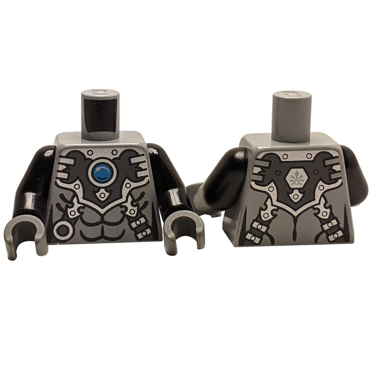 Front and back of LEGO torso 973pb1633c01 with blue and silver details.