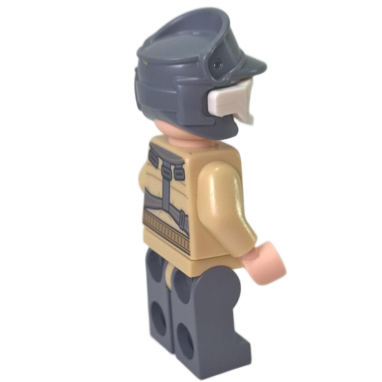 LEGO® Star Wars™ Rebel Trooper – Private Kappehl minifigure (sw0803) rear view, showing printed back harness detail and gray helmet with attached white goggles. Displayed on a white background.  