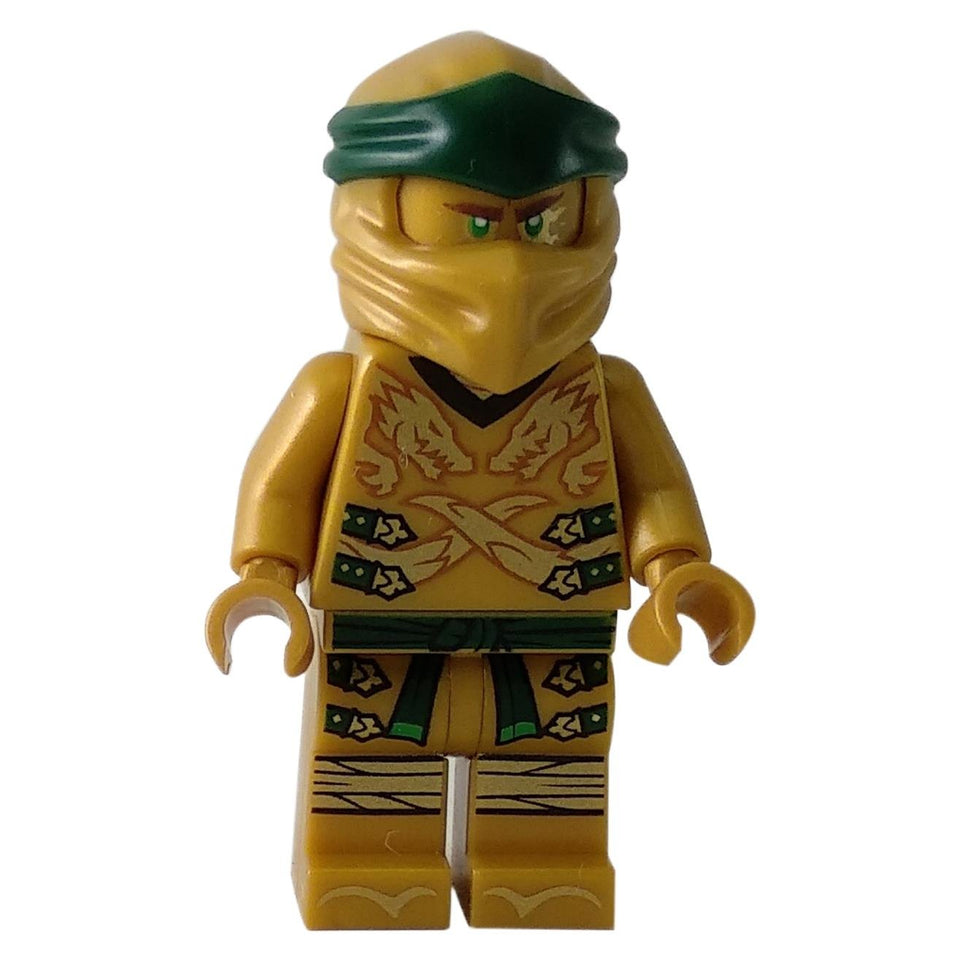 Front view of LEGO Golden Ninja Lloyd minifigure (njo0499) completely molded in metallic gold plastic with green accents.