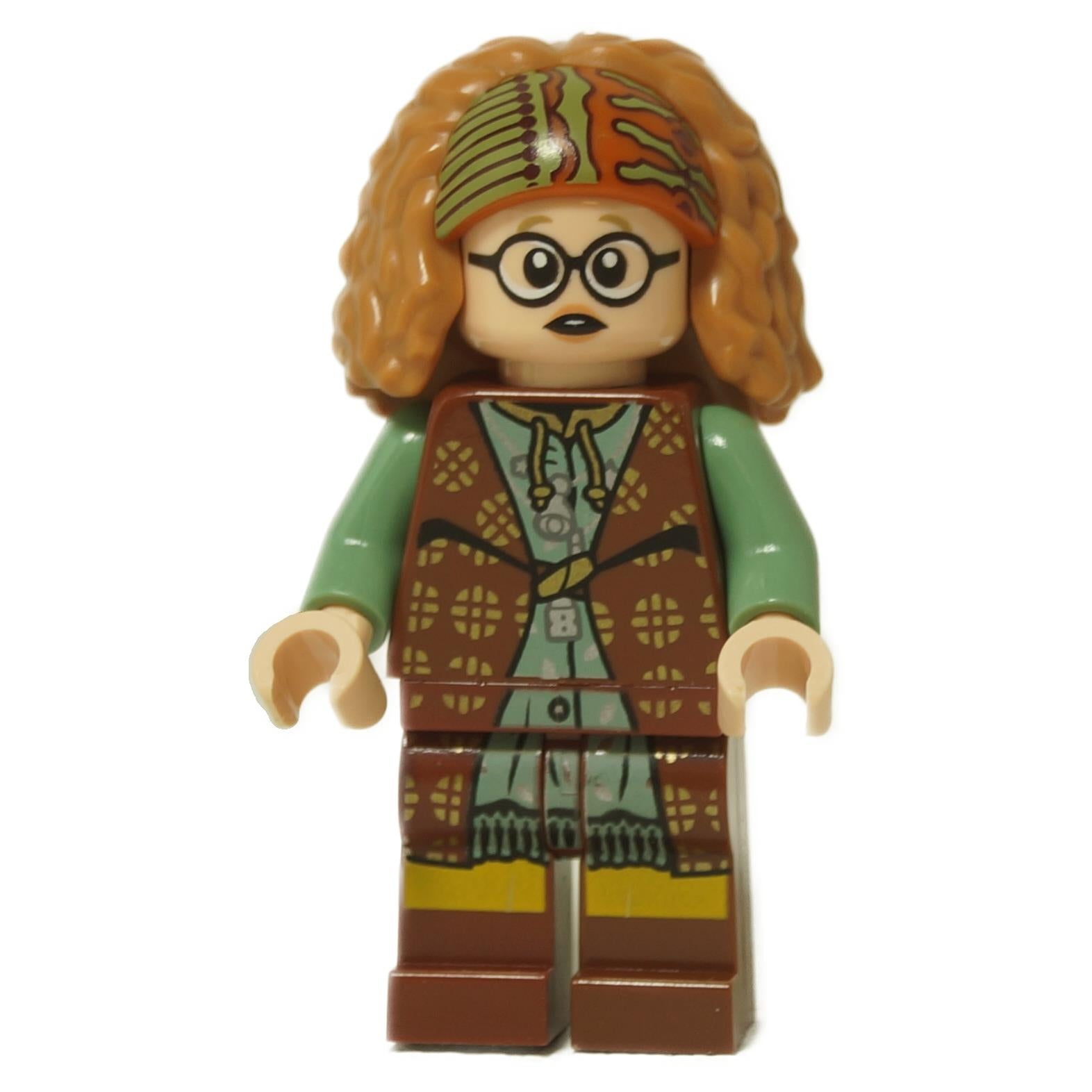 LEGO® Professor Sybill Trelawney Minifigure from Harry Potter™, showing her two facial expressions: one neutral and one in a trance in white background.