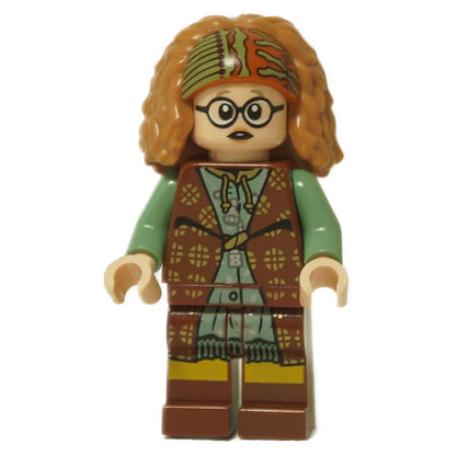 LEGO® Professor Sybill Trelawney Minifigure from Harry Potter™, showing her two facial expressions: one neutral and one in a trance in white background.