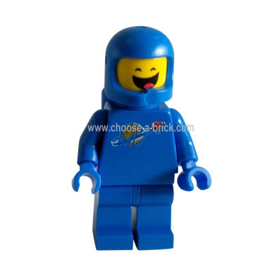 LEGO Benny minifigure, blue space suit, cracked helmet, front view