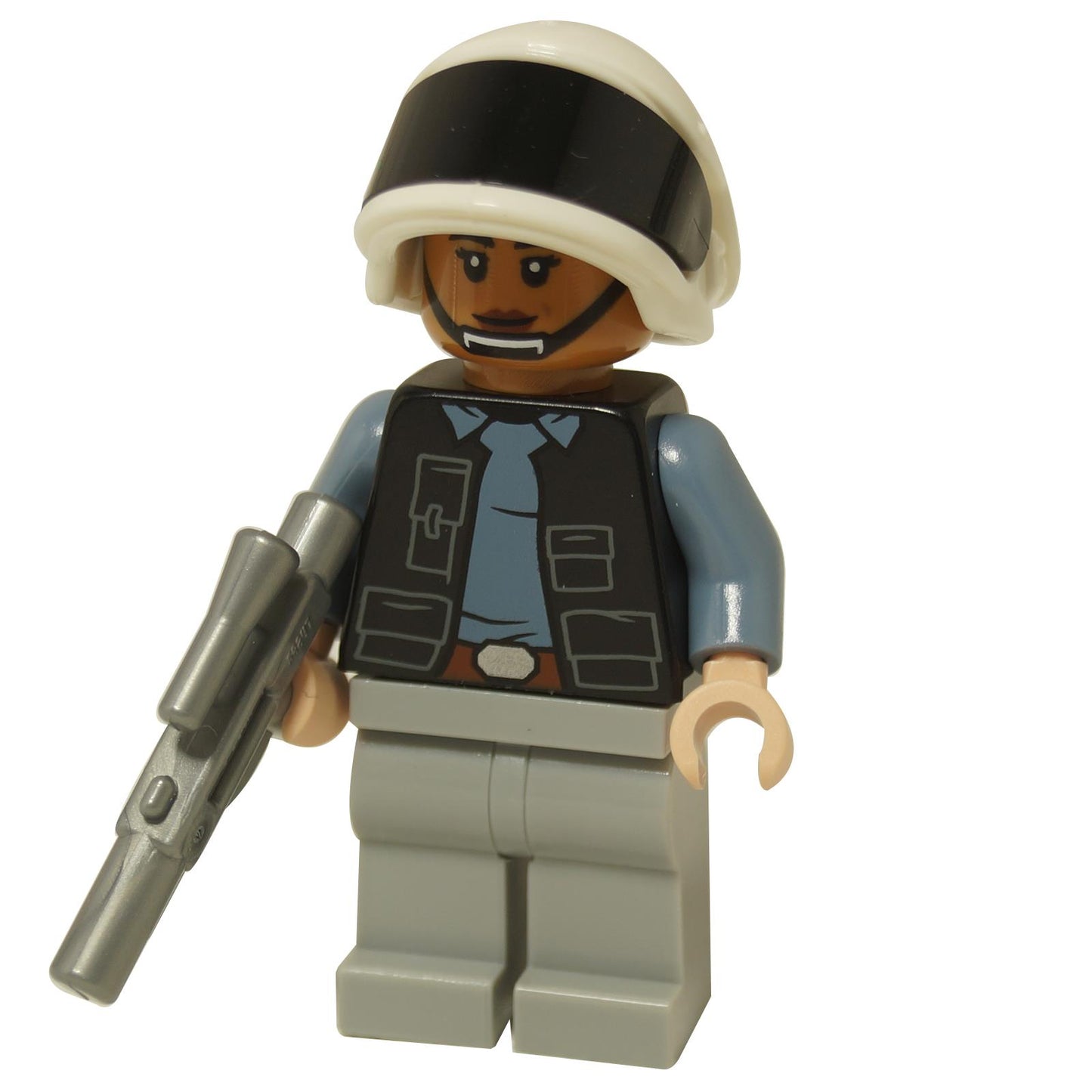 Front view of the LEGO® Star Wars Rebel Fleet Trooper (sw1392) holding a blaster, wearing a white helmet with black visor, blue shirt, and tactical vest.