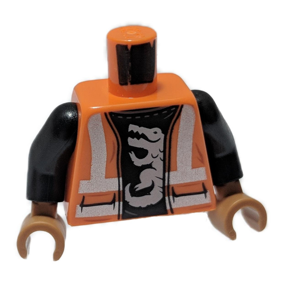 Chaleco de seguridad naranja con rayas reflectantes plateadas y camisa negra con patrón de cocodrilo - caimán blanco - brazos negros - manos color nougat medio 