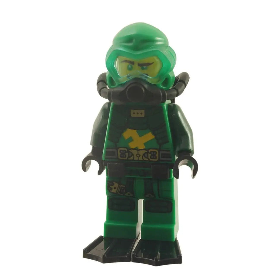 LEGO Lloyd Scuba Seabound minifigure in green diving gear with black flippers, front view.