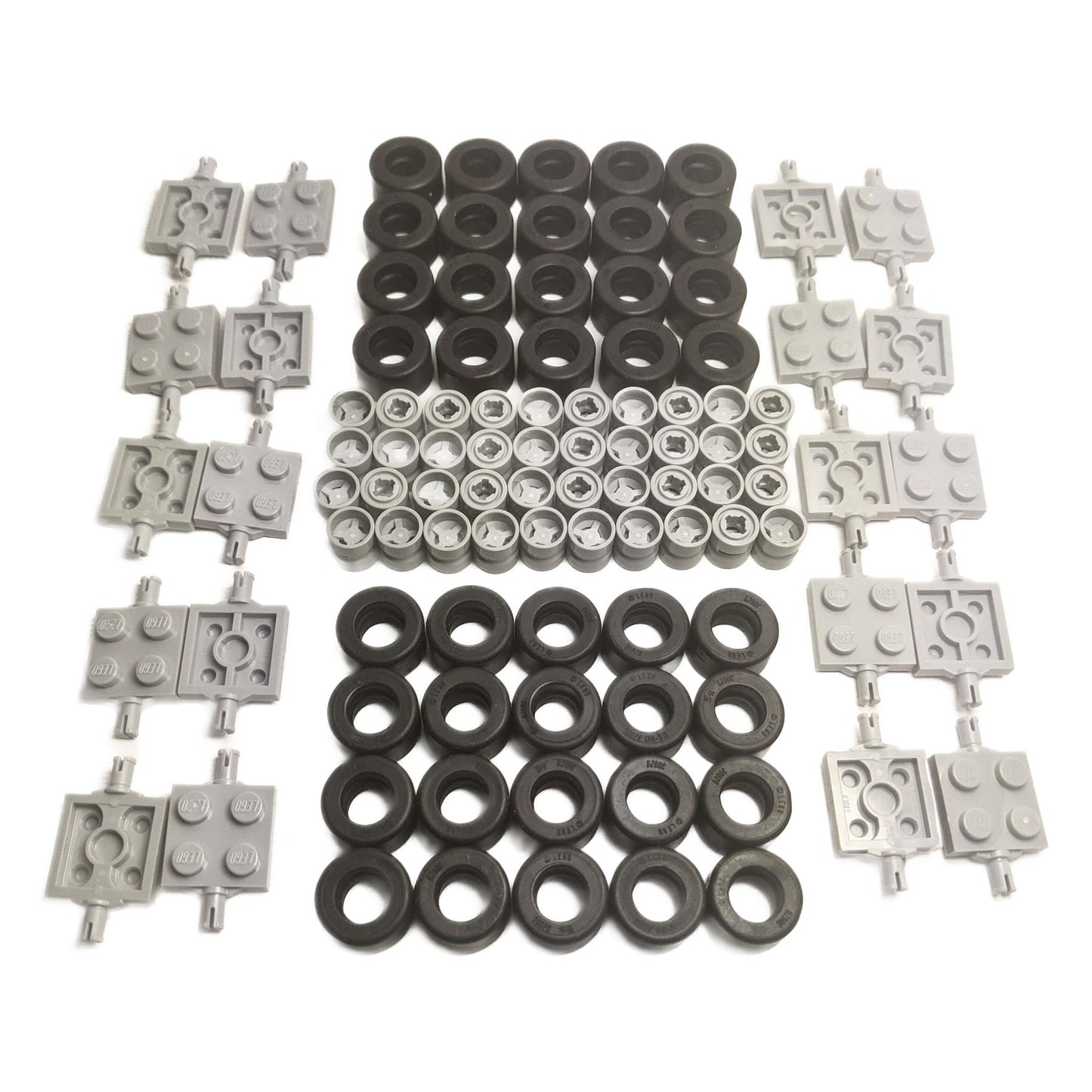 Large collection of LEGO wheel parts: black studded tires, light gray and black rims, and various light gray axle/connector plates.