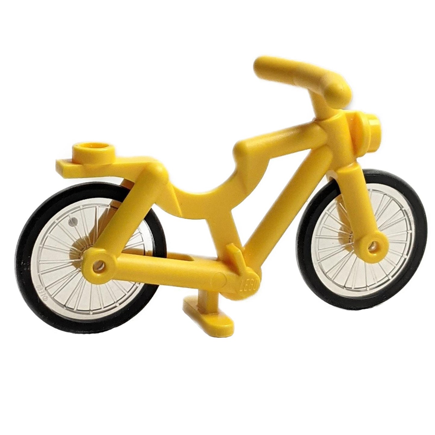Bicicletta LEGO gialla con pneumatici neri, vista laterale