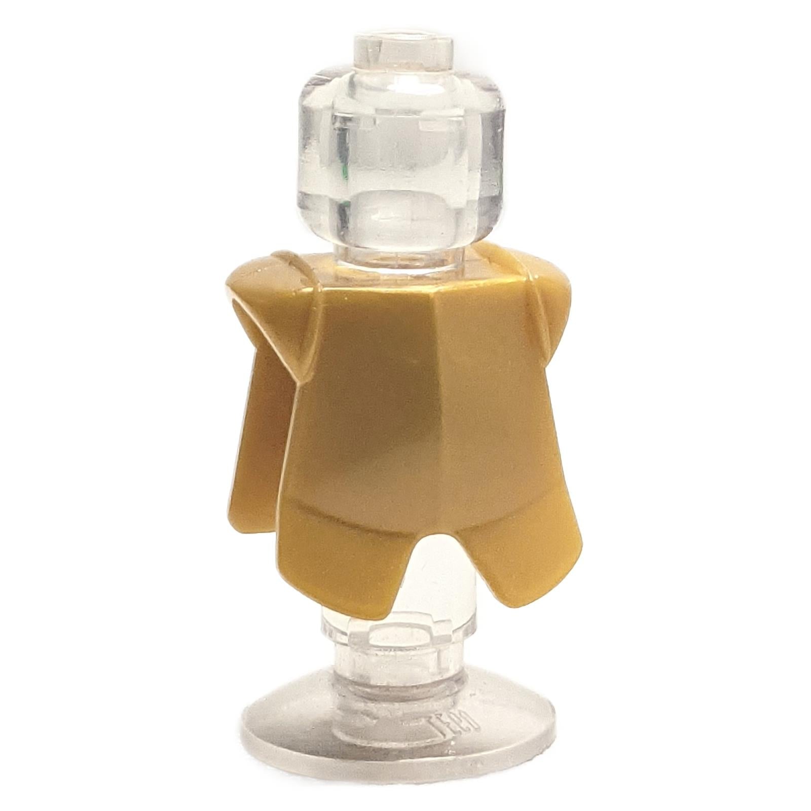 Gold LEGO armor breastplate with leg protection 2587 on a clear stand.