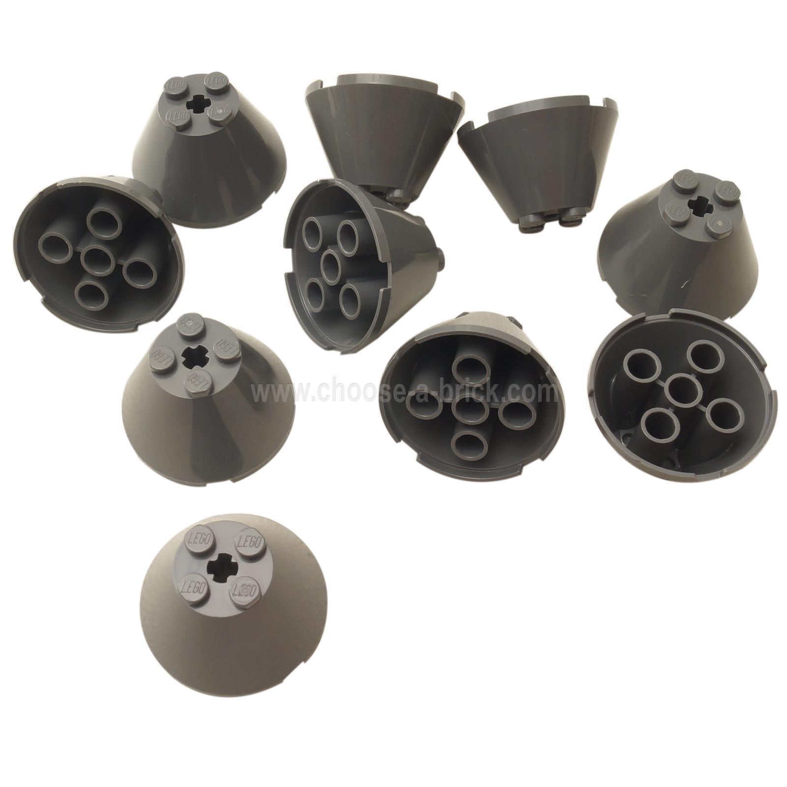 Dark gray LEGO Cone 4 x 4 x 2 with Axle Hole 3943b from various angles.