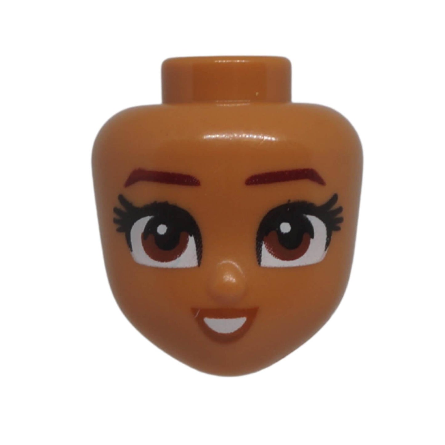 Front view of LEGO® Friends mini-doll head 102120 with reddish brown eyes, long black eyelashes and an open smile