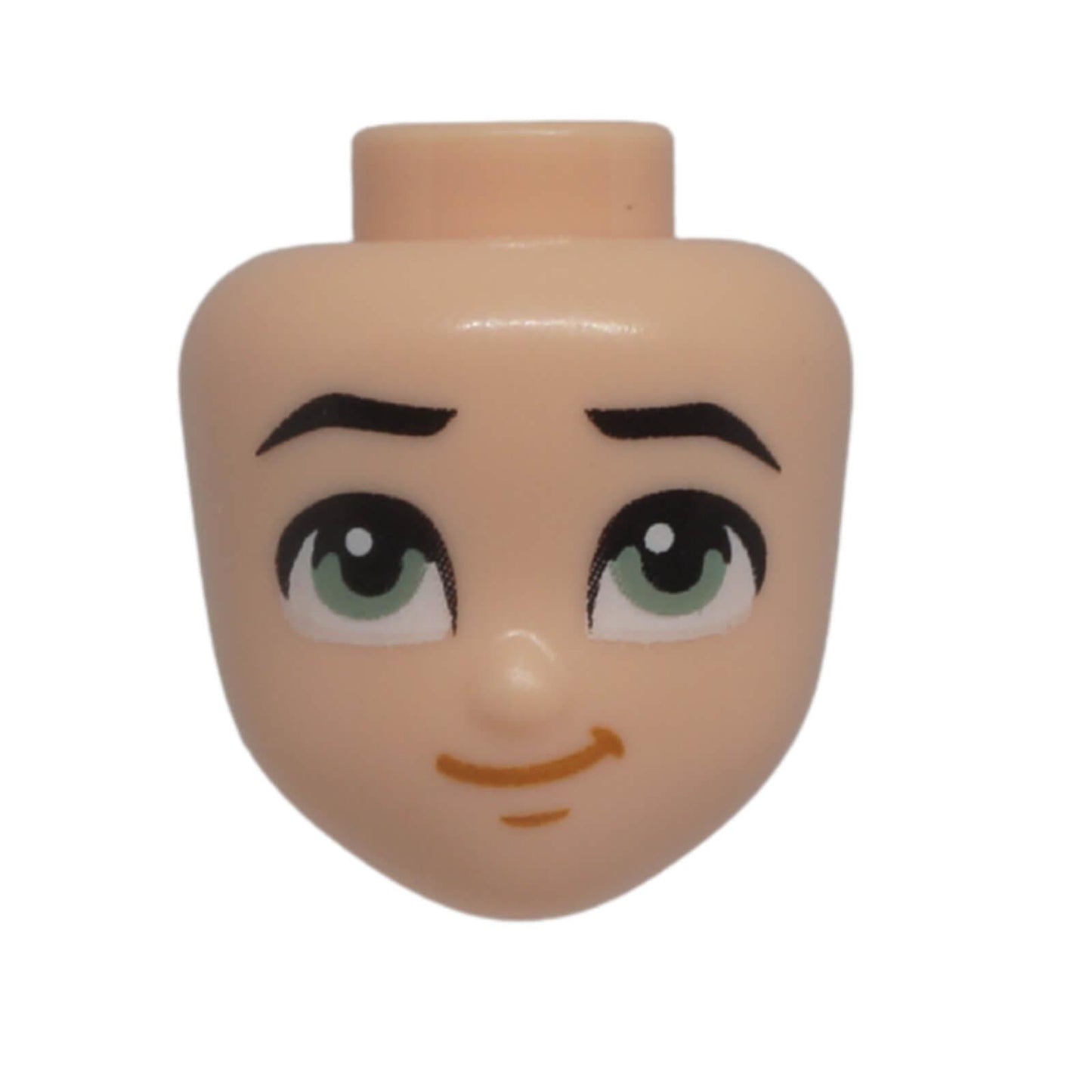 Front view of LEGO® Friends mini-doll head 102121 with sand green eyes, black eyebrows and a lopsided smile