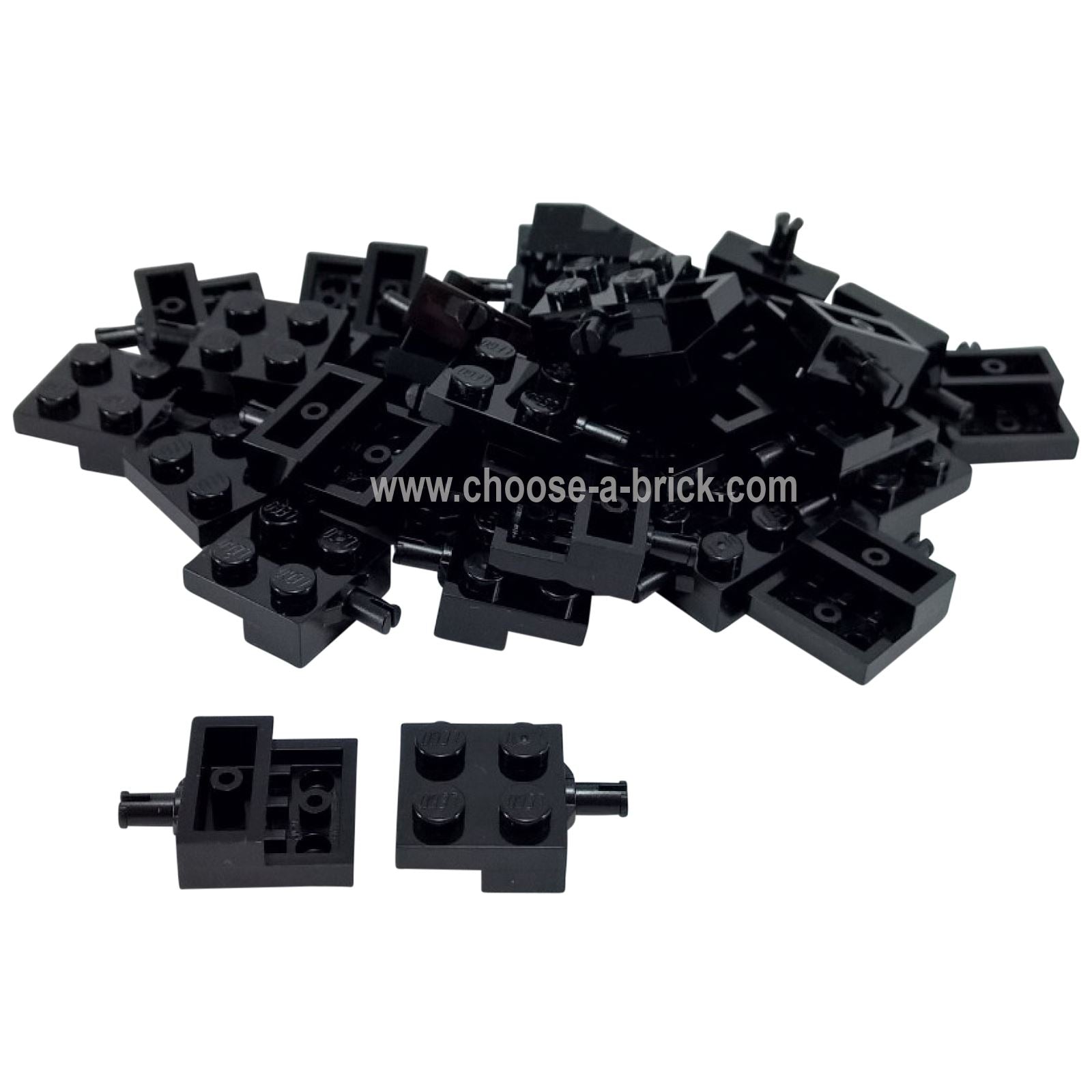 LEGO® Upravená destička 2 x 2 s držákem kol (4488) v černé barvě, zobrazující horní, spodní a spojovací body.