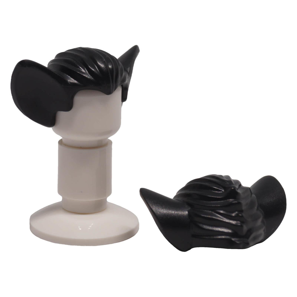 Black LEGO 10301 minifigure hair with bat ears shown from multiple angles