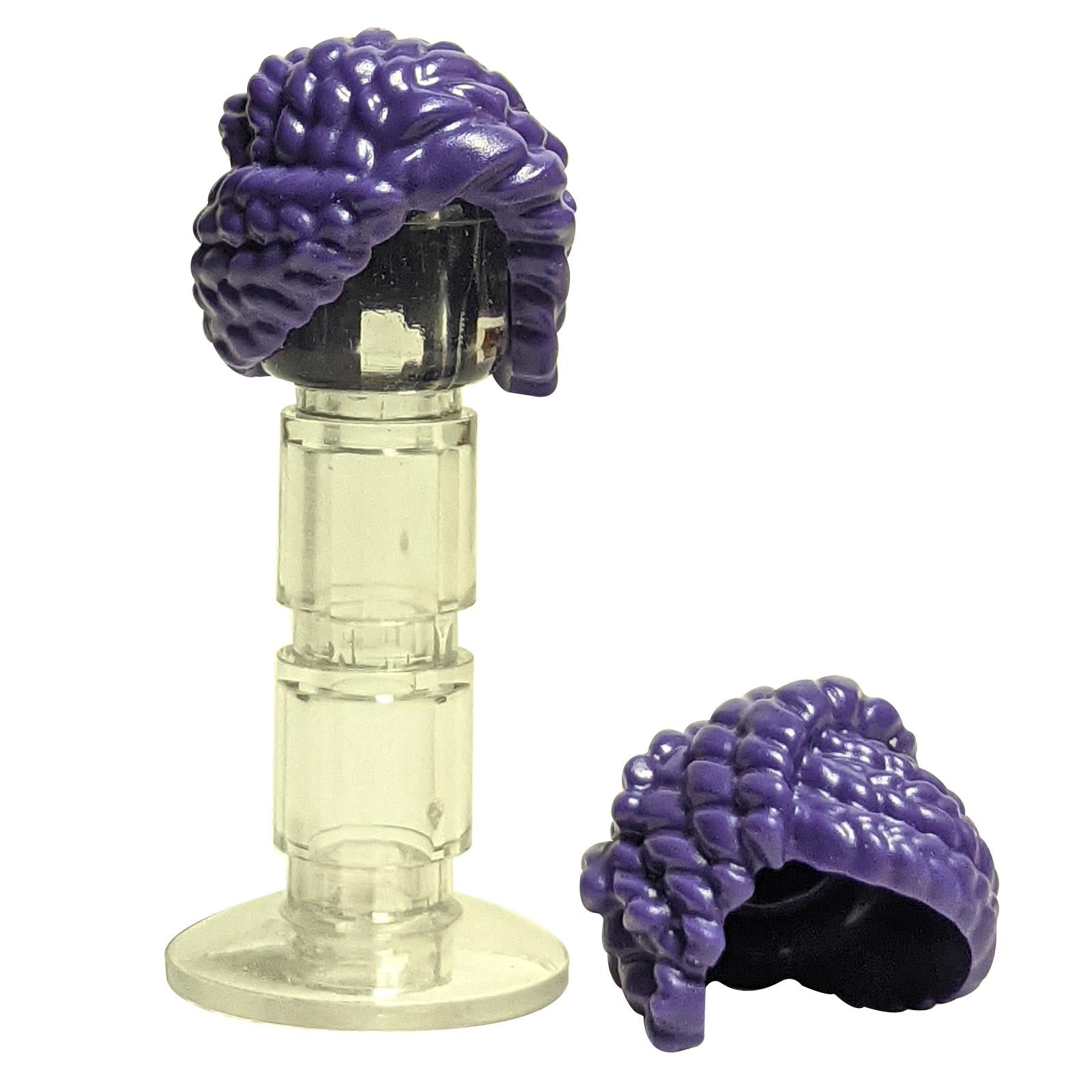 Dark purple coiled and braided minifigure hair 1988, swept over left side.