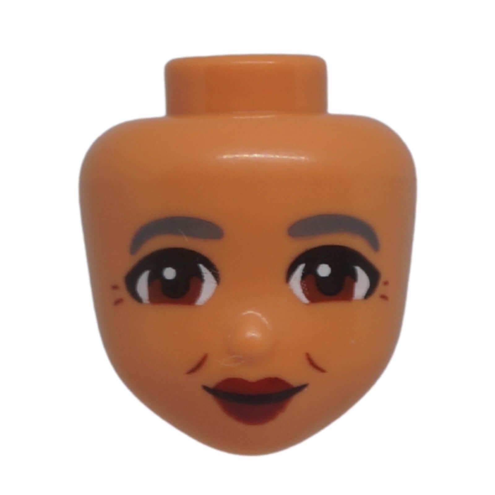 Front view of LEGO® Friends mini-doll head 103343 with reddish brown eyes, dark red lips and a closed-mouth grin