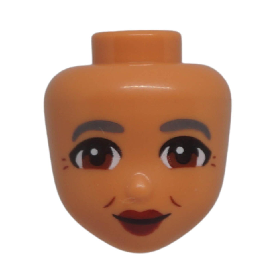 Front view of LEGO® Friends mini-doll head 103343 with reddish brown eyes, dark red lips and a closed-mouth grin