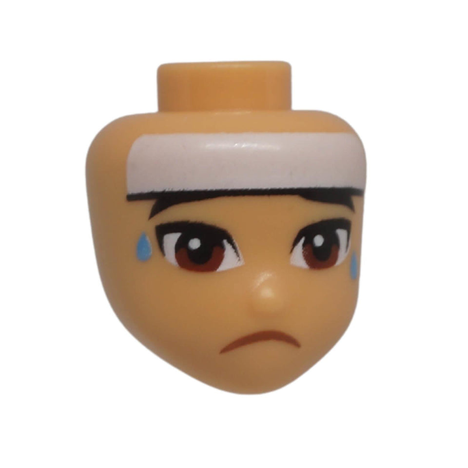 Front view of LEGO® Friends mini-doll head 103393 with white headband, blue sweat drops and a frowning expression