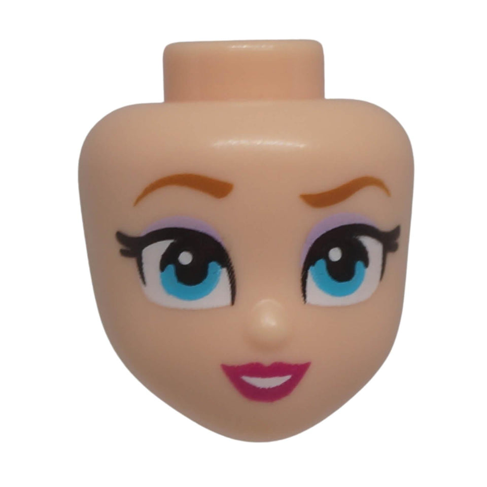 Front view of LEGO® Friends mini-doll head 103966 with medium azure eyes, lavender eye shadow and an open-mouth smile
