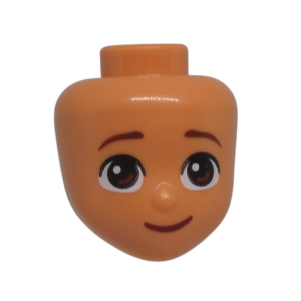 Front view of LEGO® Friends mini-doll head 104533 with medium brown eyes, reddish brown eyebrows and a closed-mouth grin